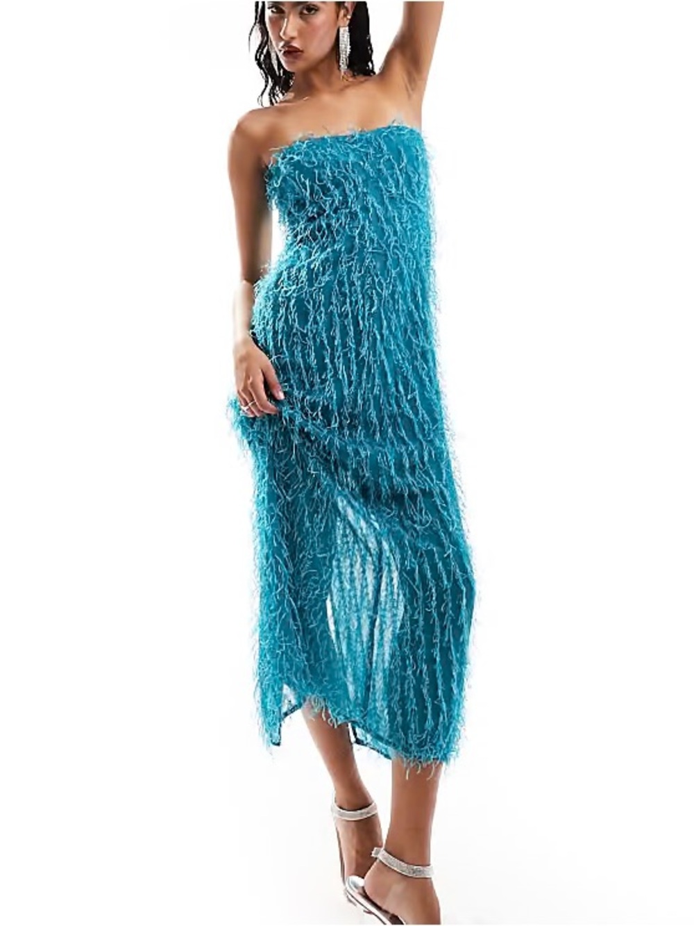 ASOS DESIGN fluffy, bandeau midi/maxi dress in bright teal